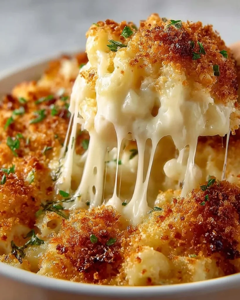 Delicious baked mac and cheese topped with golden breadcrumbs and gooey cheese