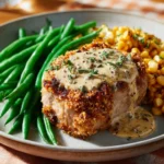Baked stuffed pork chops with savory filling on a plate