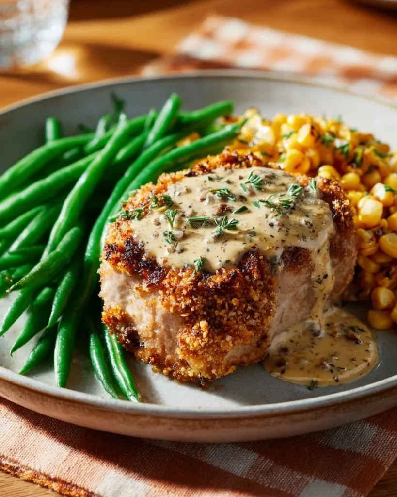Baked stuffed pork chops with savory filling on a plate