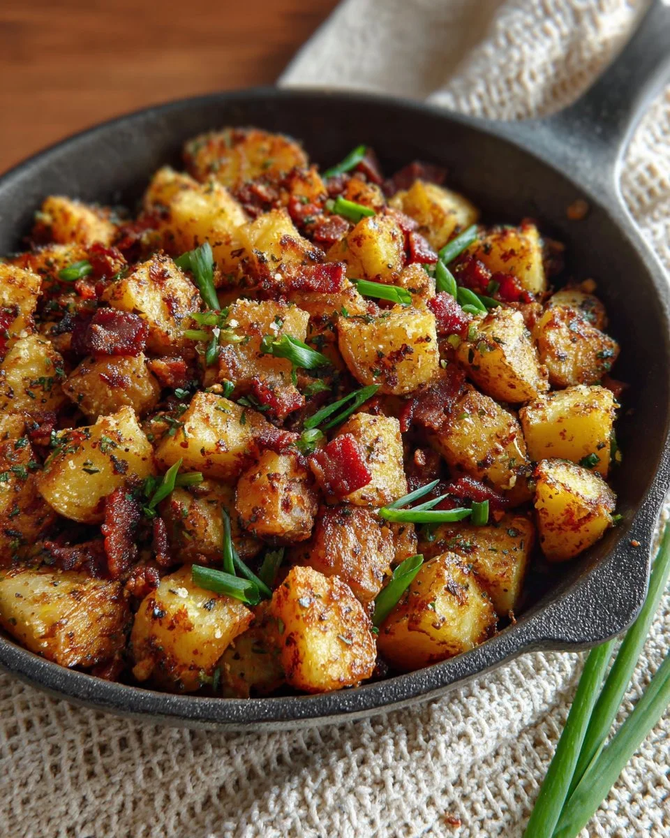 Plate of crispy bangin' breakfast potatoes served with herbs and spices