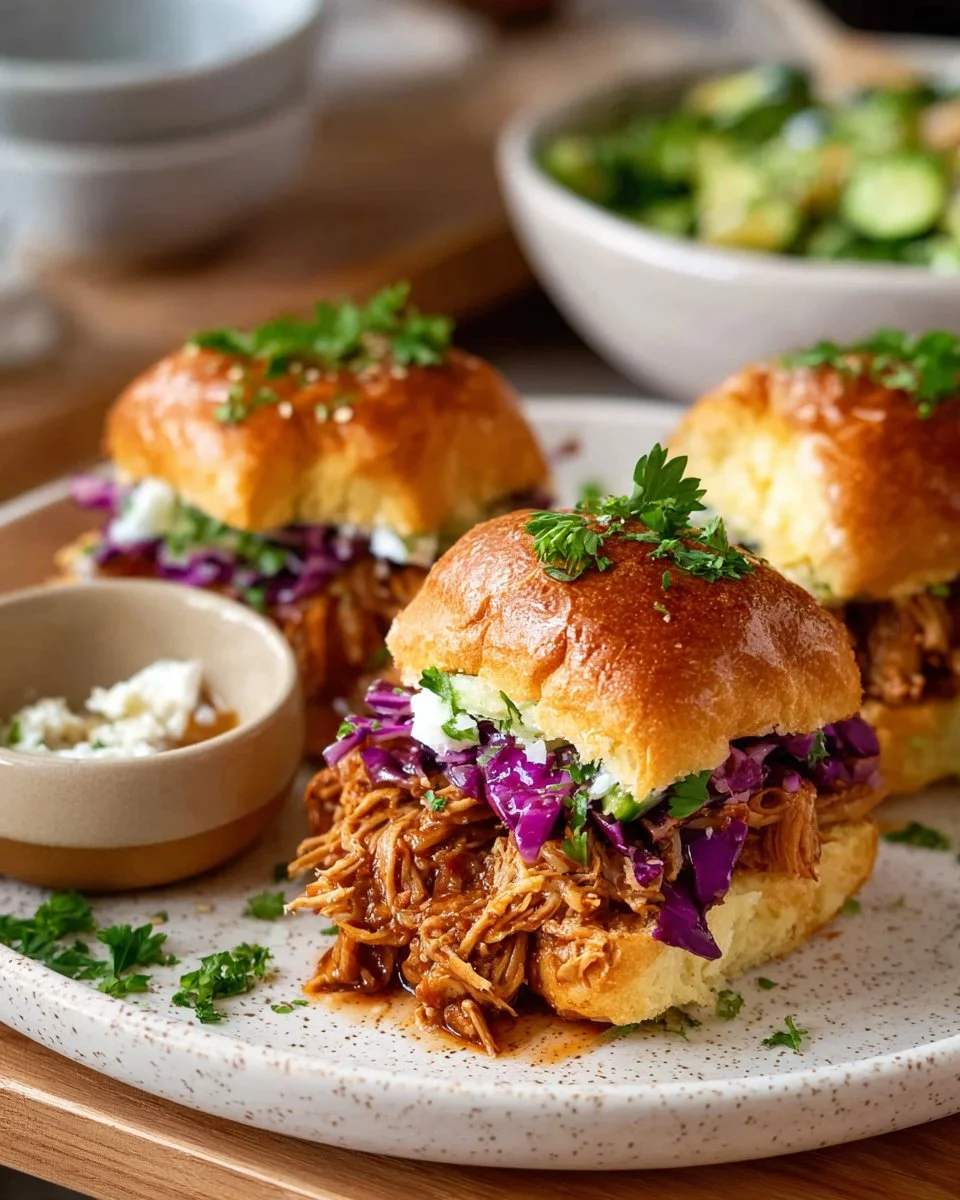 BBQ chicken sliders served with fresh toppings and a side of coleslaw