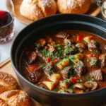 Delicious bowl of beef and mushroom stew garnished with fresh herbs