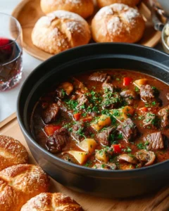 Delicious bowl of beef and mushroom stew garnished with fresh herbs