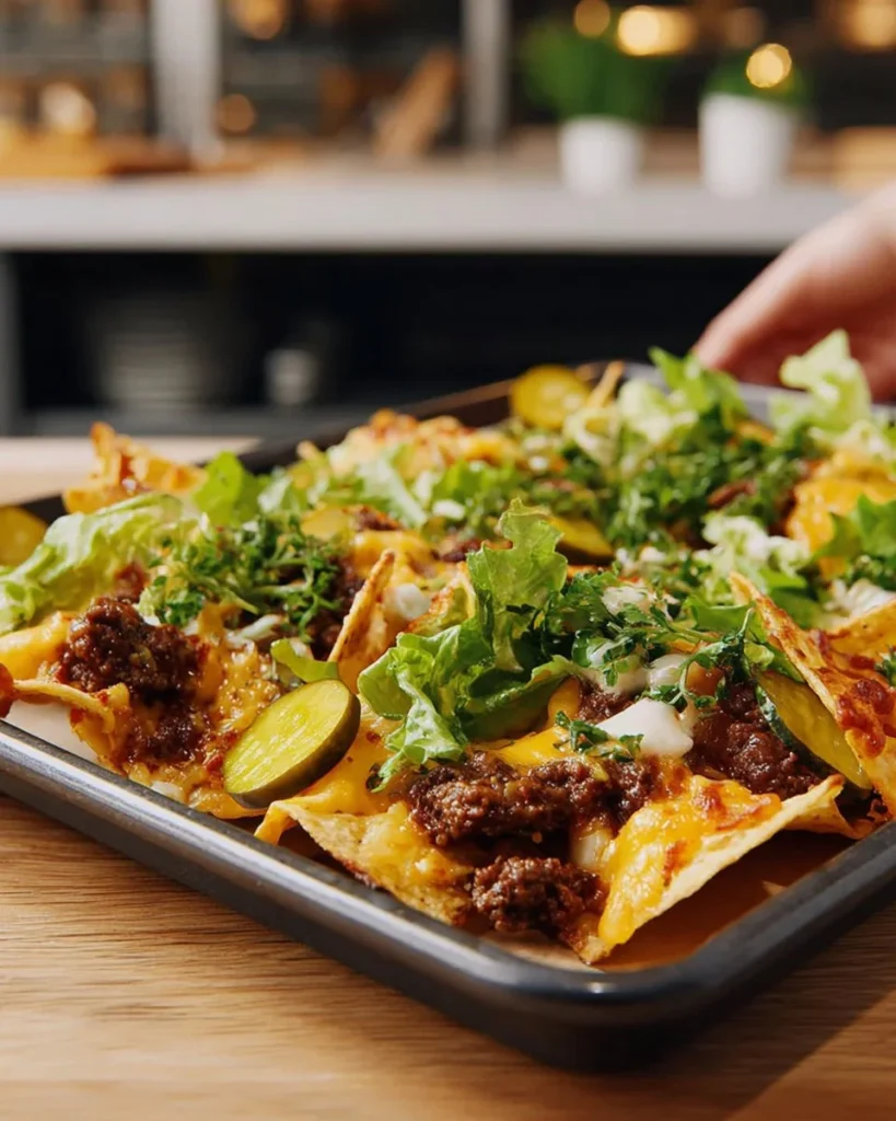Delicious Big Mac Nachos served with toppings and sauces