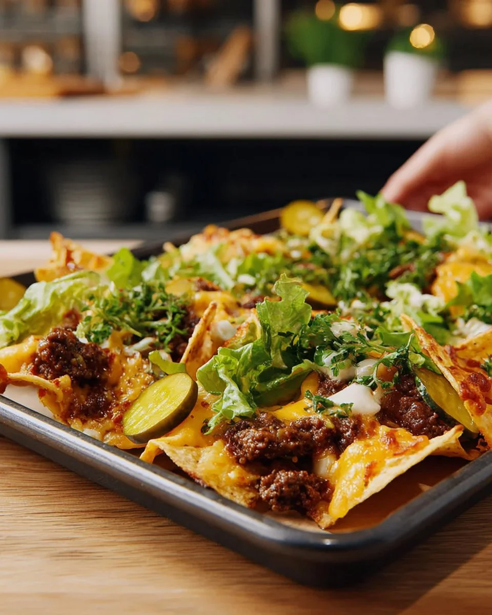 Delicious Big Mac Nachos served with toppings and sauces