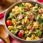 Big Mac Pasta Salad served in a bowl, garnished with lettuce and pickles.