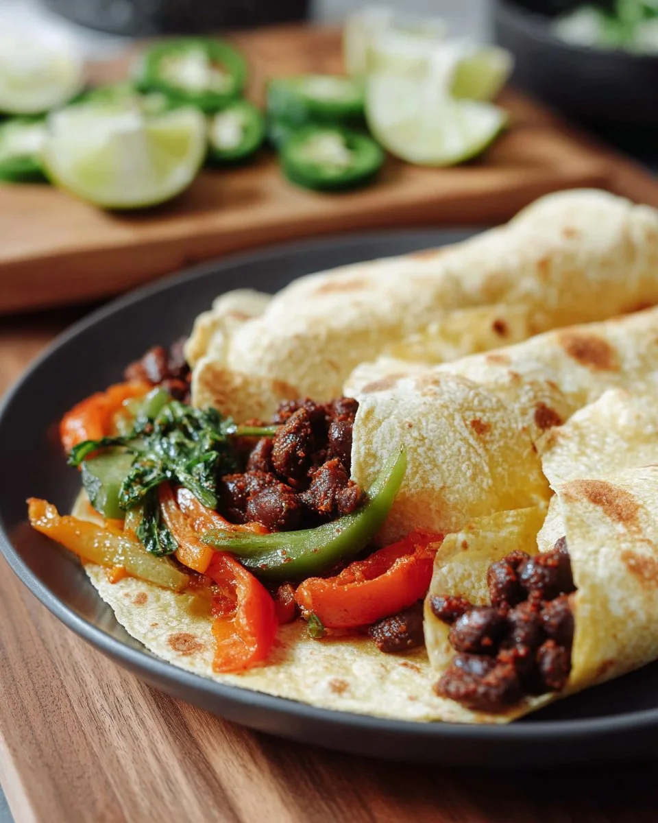 Colorful plate of black bean fajitas with fresh veggies and toppings