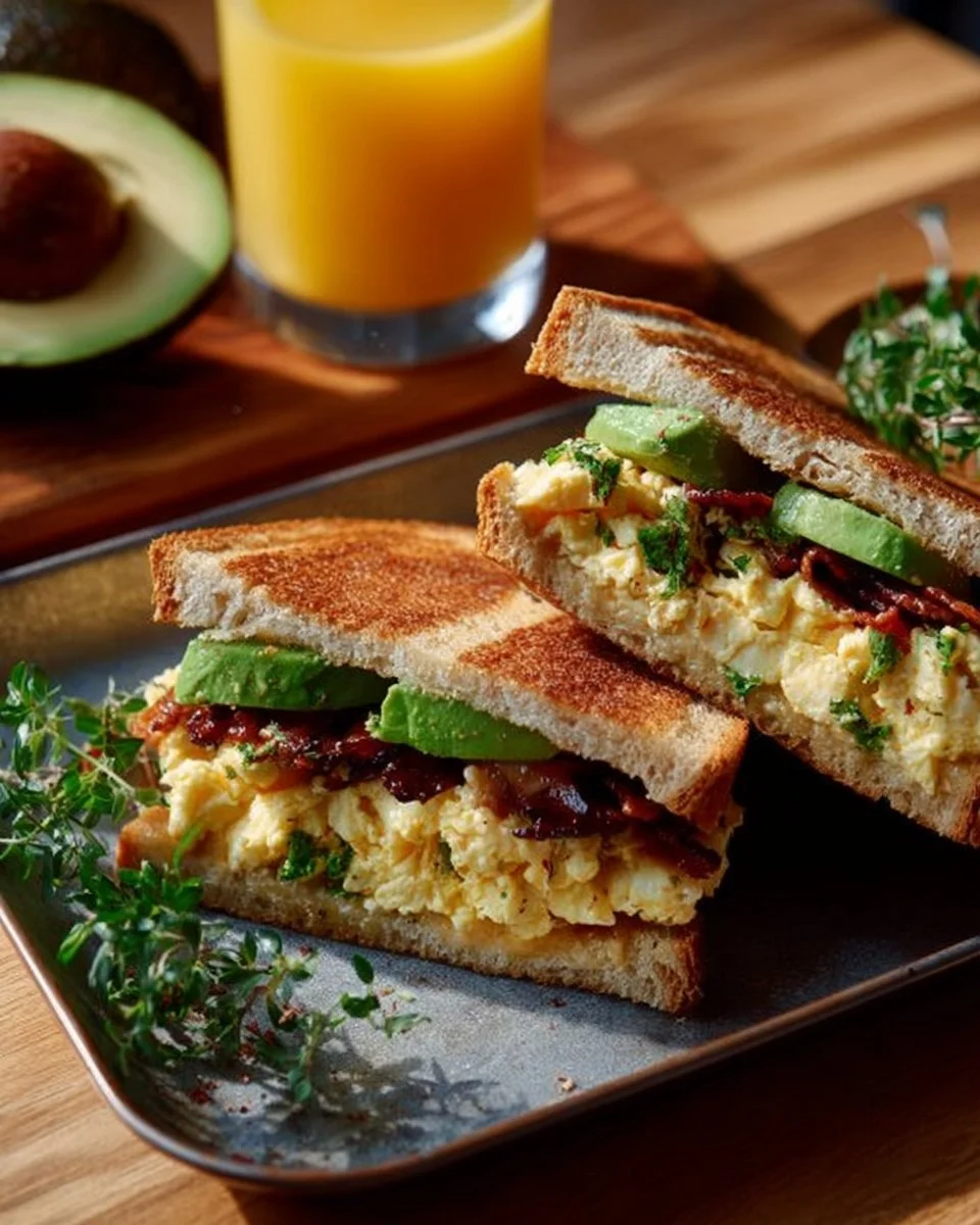 Delicious Breakfast Club Sandwich with layers of eggs, bacon, and cheese