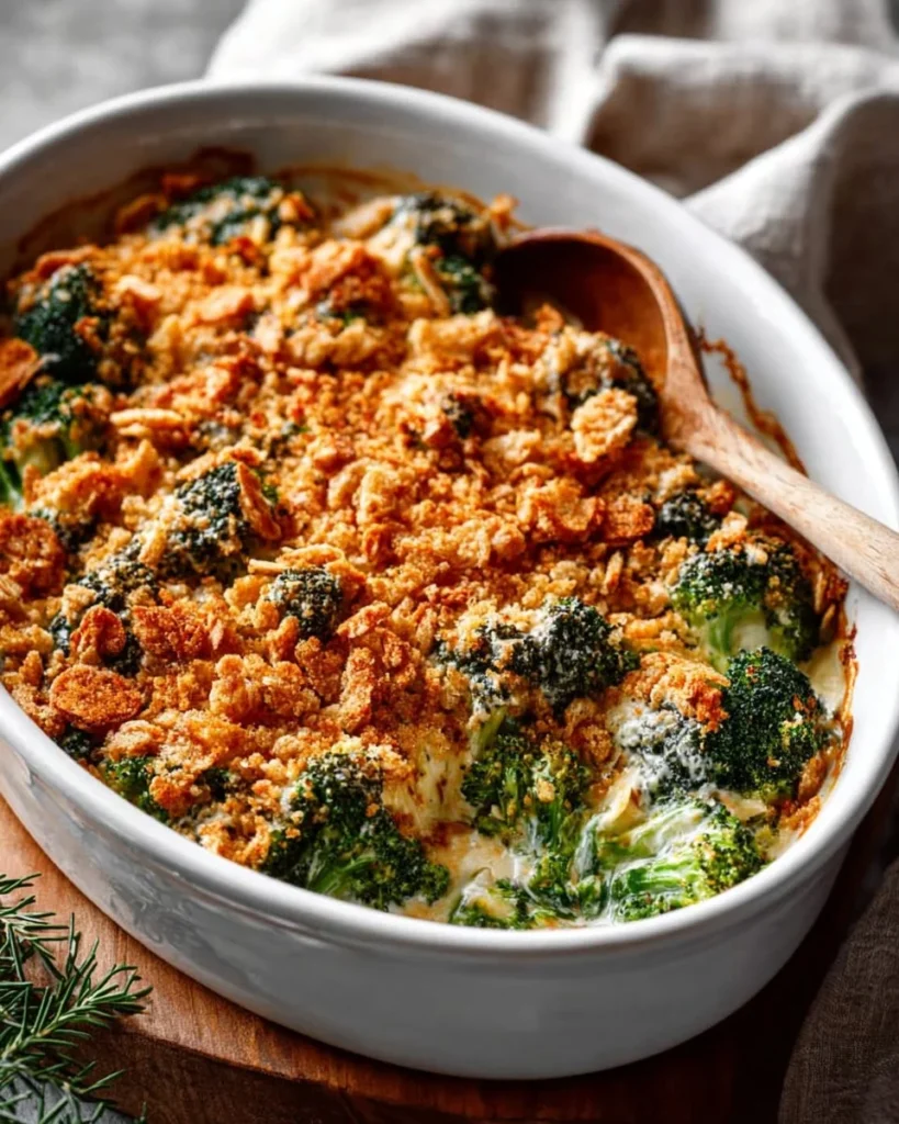 Delicious broccoli casserole served in a baking dish topped with cheese