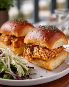 Buffalo Chicken Sliders with a spicy sauce on a bun, garnished with celery