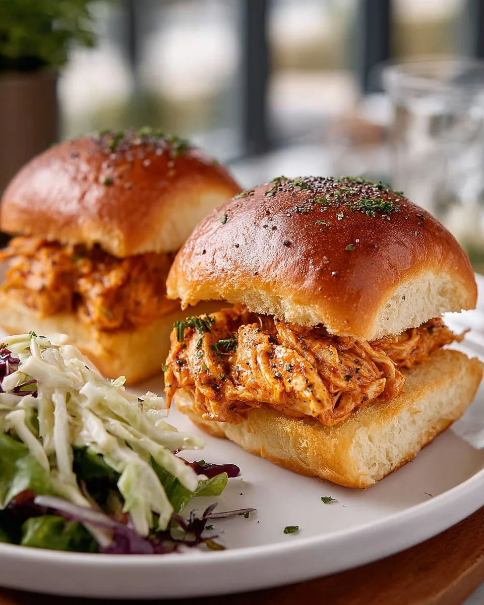 Buffalo Chicken Sliders with a spicy sauce on a bun, garnished with celery