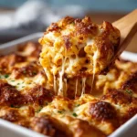 Cheesy baked ziti topped with melted cheese and herbs in a baking dish