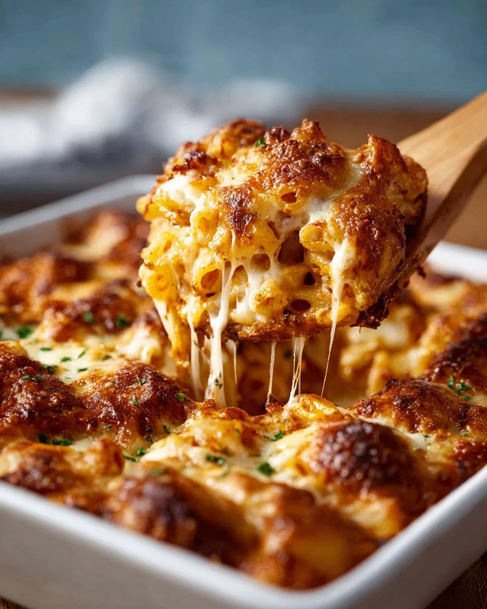 Cheesy baked ziti topped with melted cheese and herbs in a baking dish
