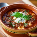 Bowl of cheesy lasagna soup with melted cheese and herbs on top