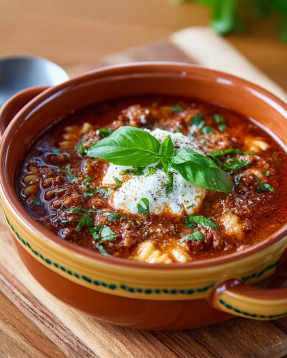 Bowl of cheesy lasagna soup with melted cheese and herbs on top