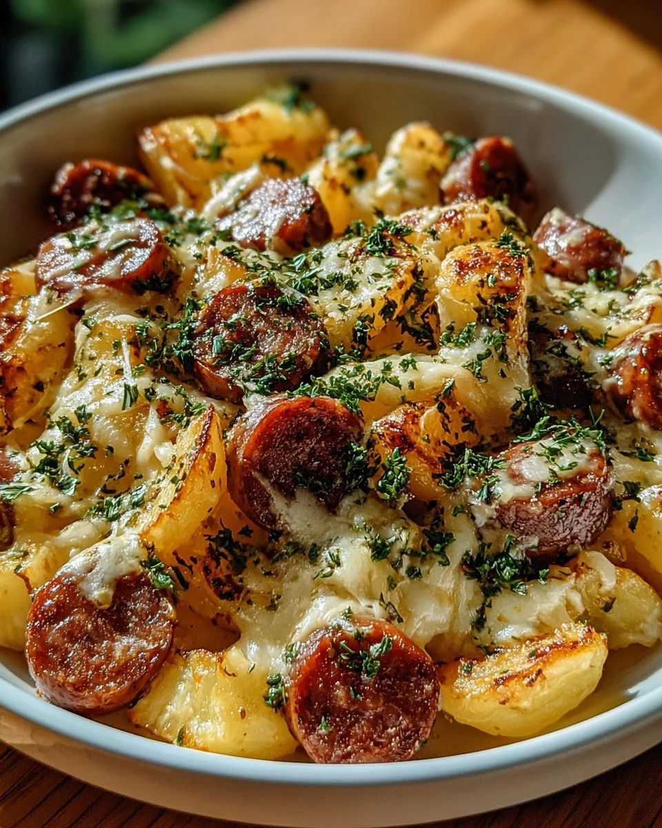 Cheesy ranch potatoes served with smoked sausage in a delicious meal
