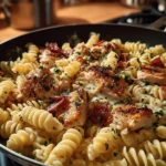 Creamy Chicken Bacon Ranch Pasta topped with crispy bacon and herbs