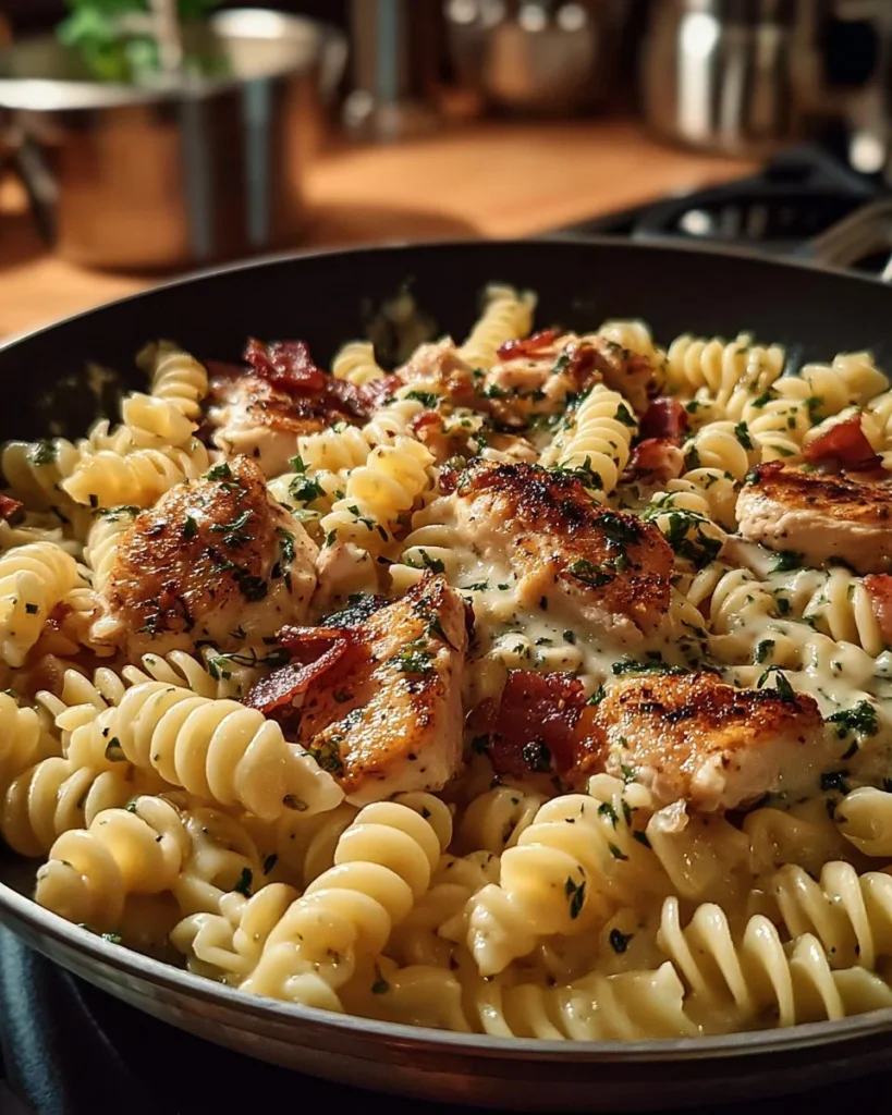 Creamy Chicken Bacon Ranch Pasta topped with crispy bacon and herbs