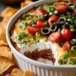 Delicious classic Seven Layer Dip served in a bowl with colorful layers