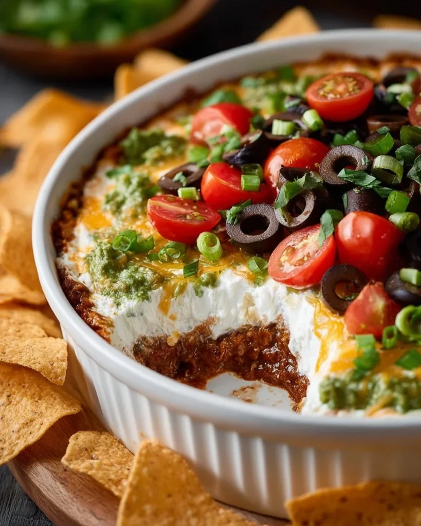 Delicious classic Seven Layer Dip served in a bowl with colorful layers