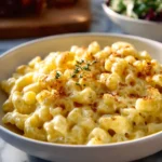 A creamy bowl of cheddar mac and cheese garnished with herbs