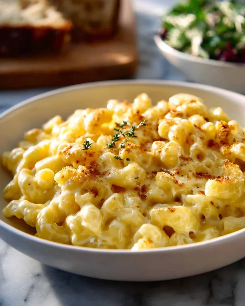 A creamy bowl of cheddar mac and cheese garnished with herbs