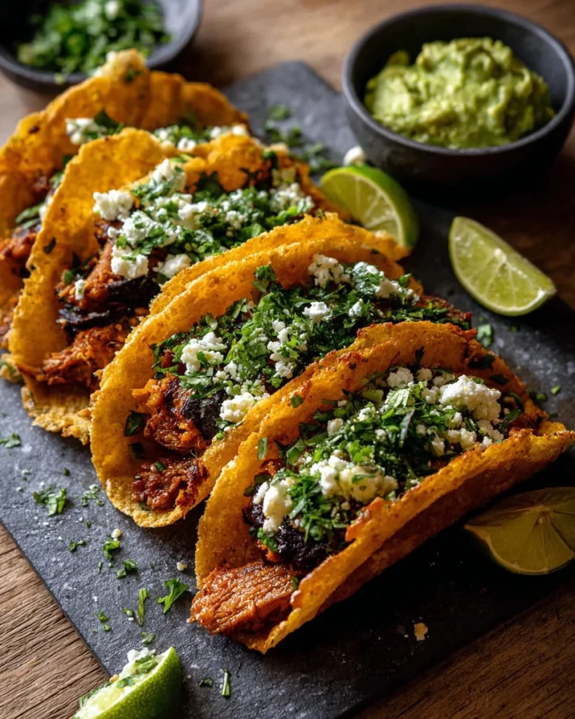 Crispy chipotle sweet potato tacos served with lime crema on a plate.