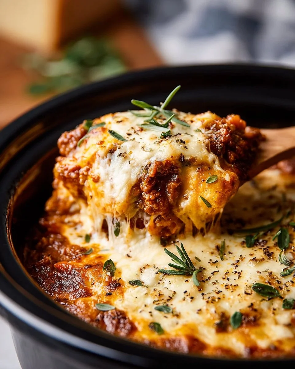 Delicious Crockpot Lasagna cooking in a slow cooker