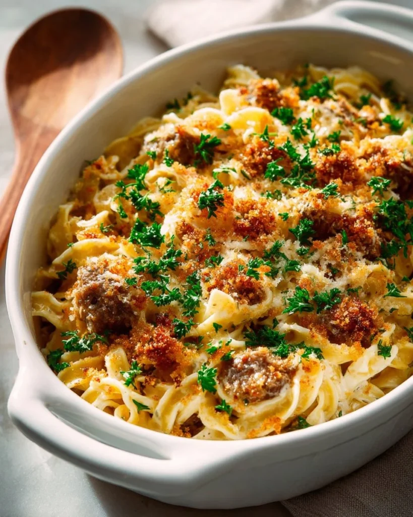 Delicious easy creamy chicken mushroom casserole served in a baking dish