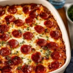 Delicious Easy Pepperoni Pizza Casserole fresh out of the oven