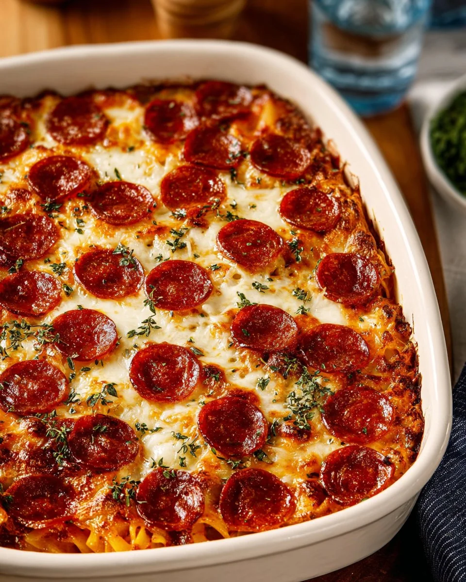 Delicious Easy Pepperoni Pizza Casserole fresh out of the oven