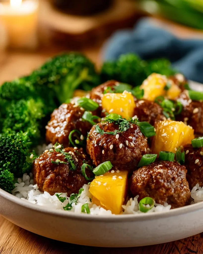 Delicious easy teriyaki meatballs served on a plate with garnish.