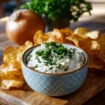 Creamy French Onion Dip served with fresh vegetables and chips