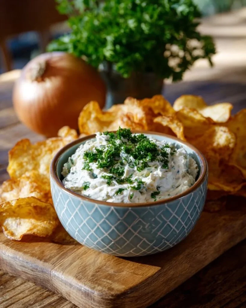 Creamy French Onion Dip served with fresh vegetables and chips