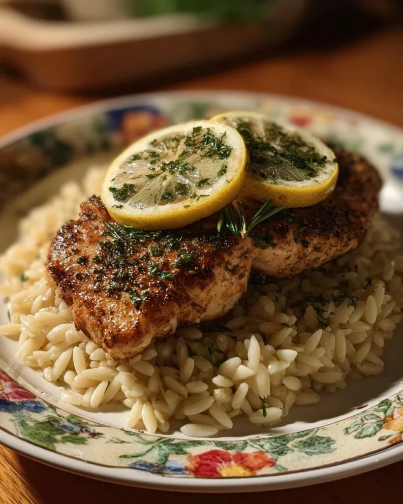 Plate of Greek lemon chicken served with orzo pasta and herbs