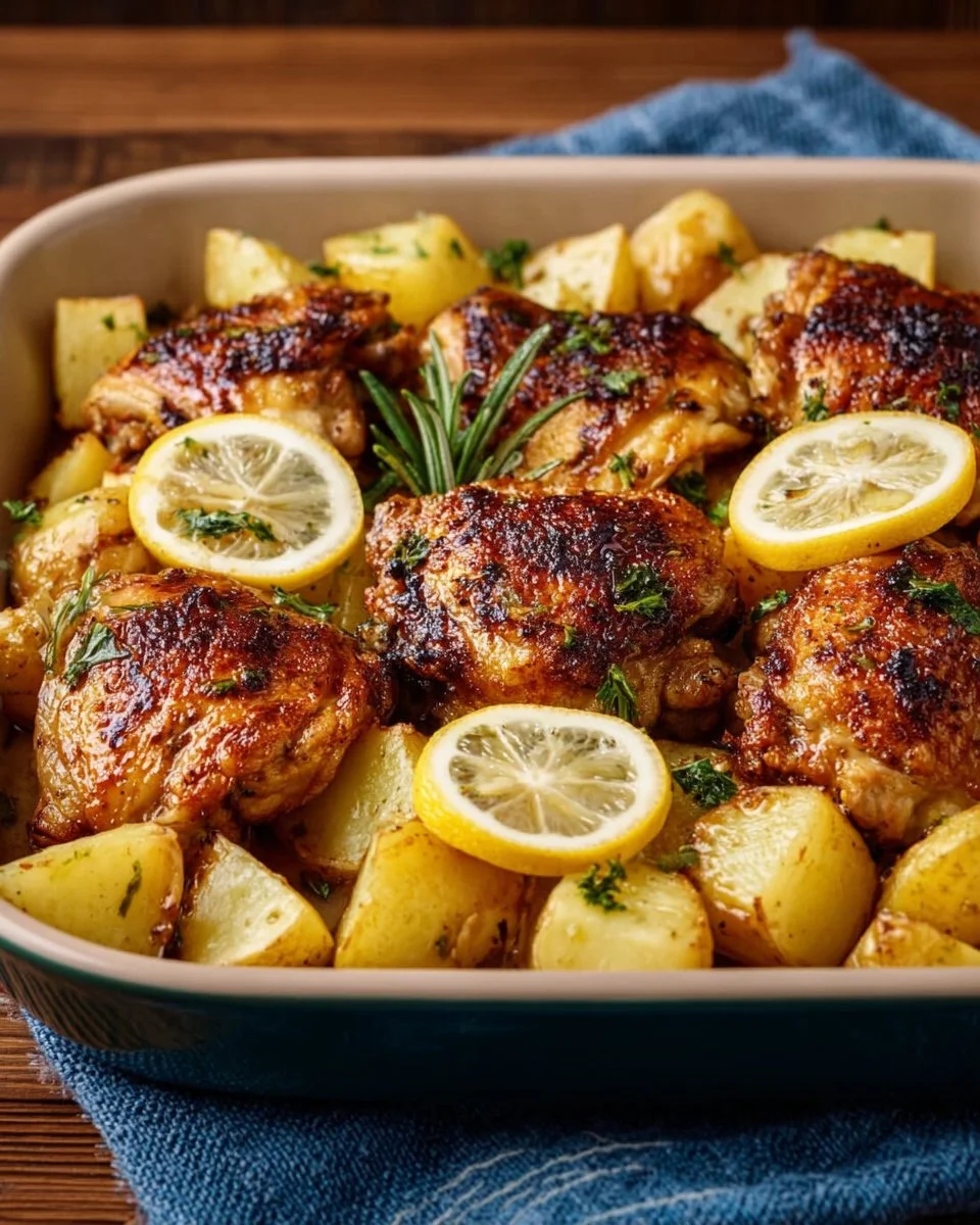 Plate of Greek Lemon Chicken with potatoes garnished with herbs