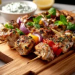 Greek lemon chicken kabobs served with tzatziki sauce on a platter