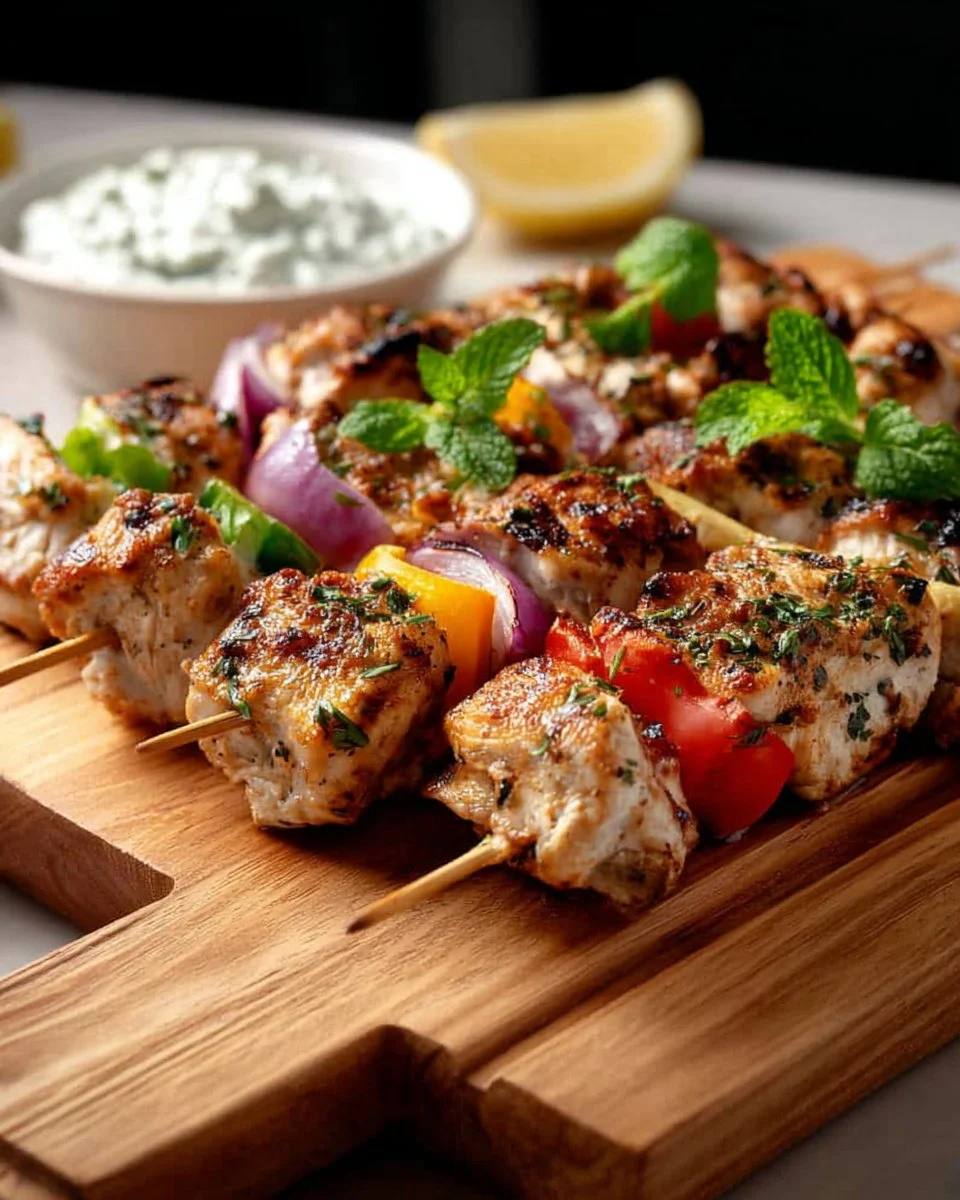 Greek lemon chicken kabobs served with tzatziki sauce on a platter
