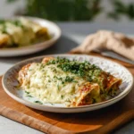 Plate of delicious green chili chicken enchiladas with toppings