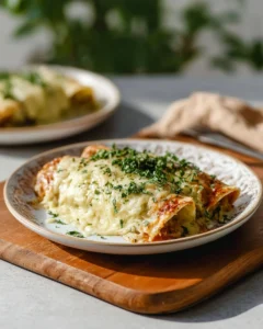 Plate of delicious green chili chicken enchiladas with toppings