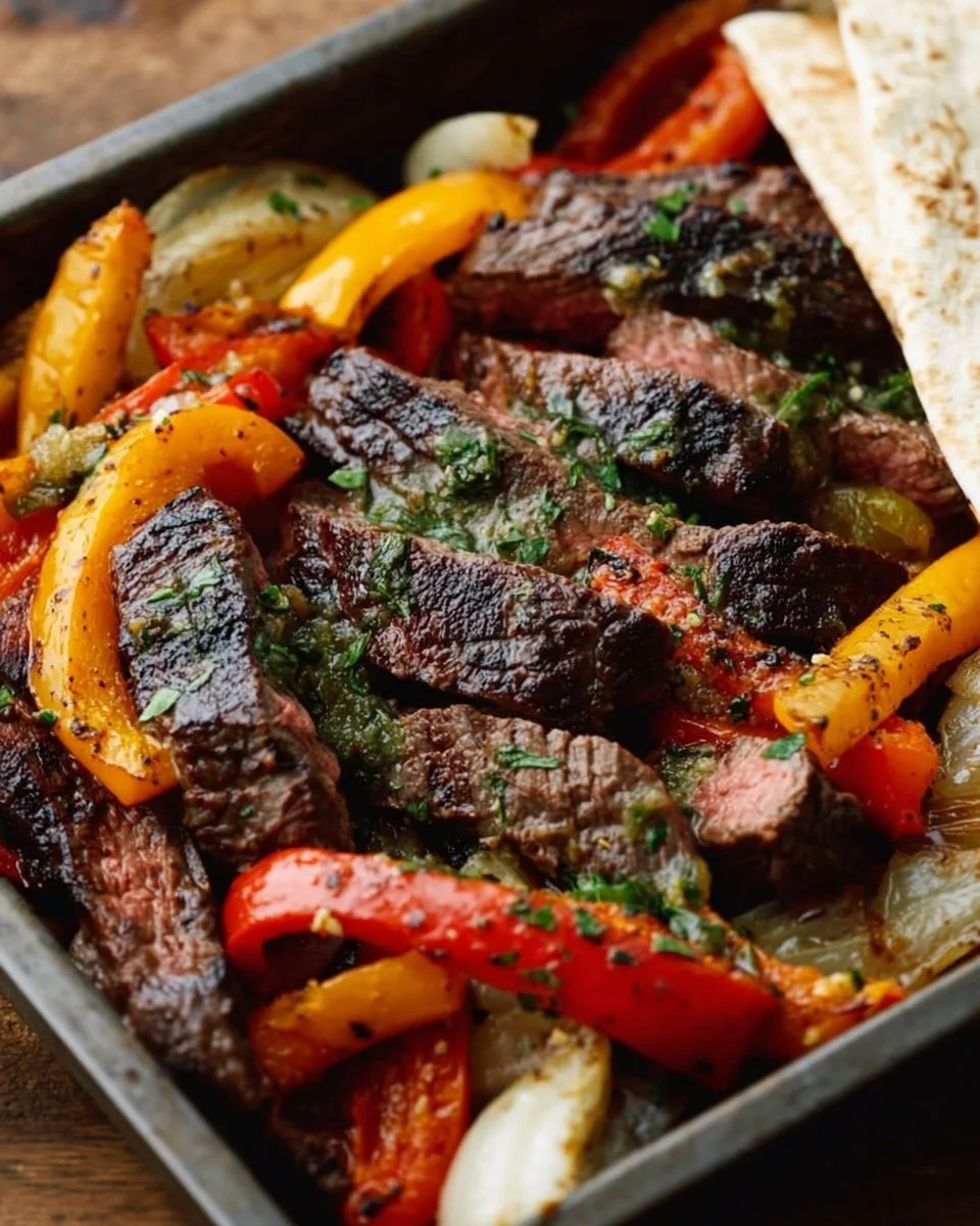 Grilled steak fajitas served with peppers and onions on a plate