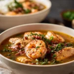 Delicious gumbo with chicken and shrimp served in a bowl