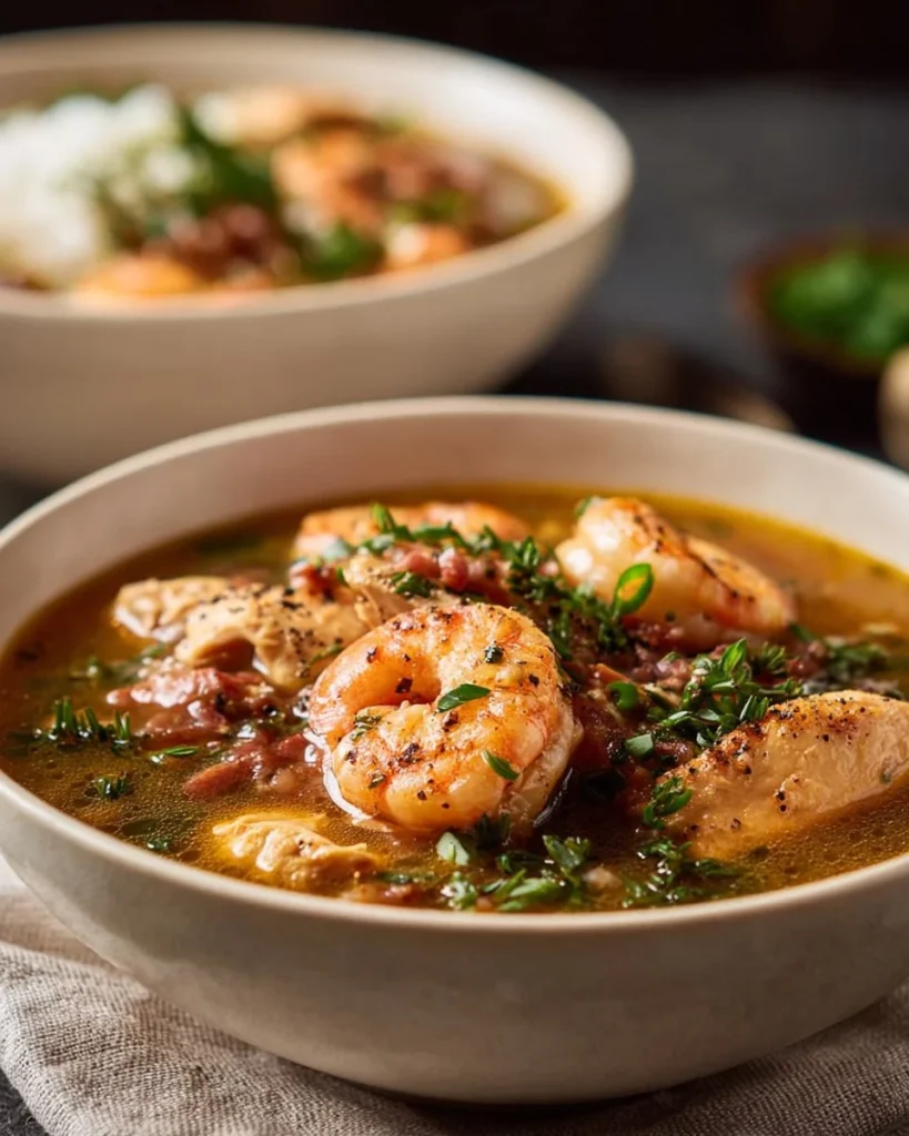 Delicious gumbo with chicken and shrimp served in a bowl