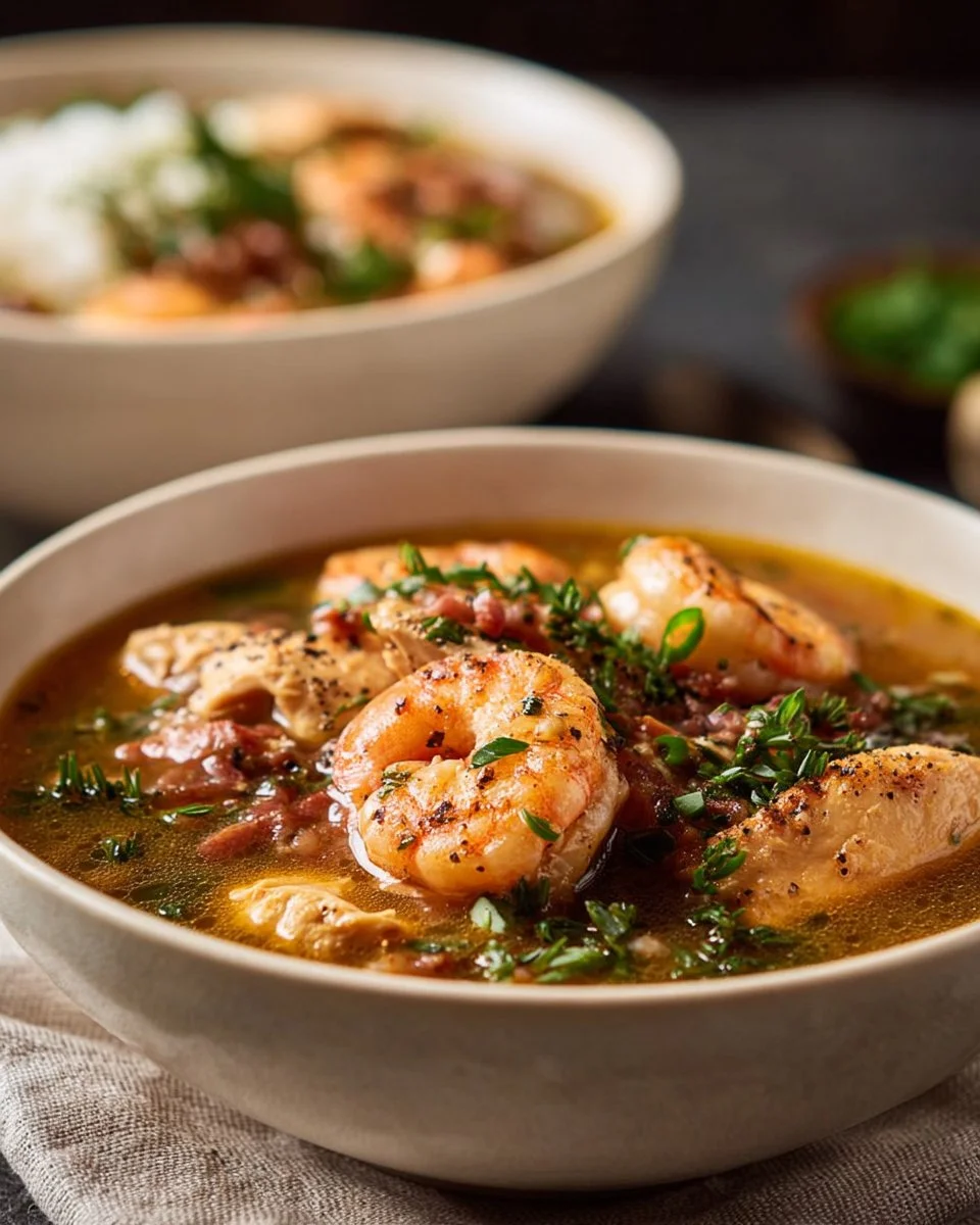 Delicious gumbo with chicken and shrimp served in a bowl