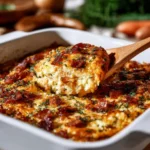 Herb scalloped sweet potatoes and bacon au gratin served in a baking dish