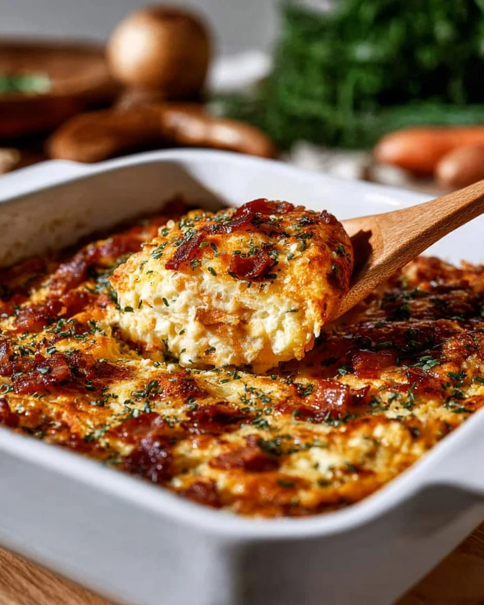 Herb scalloped sweet potatoes and bacon au gratin served in a baking dish