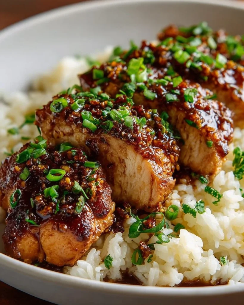 Honey Garlic Chicken Breasts on a plate with garnish