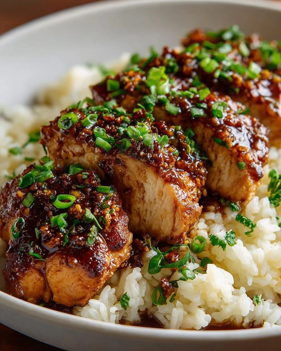 Honey Garlic Chicken Breasts on a plate with garnish