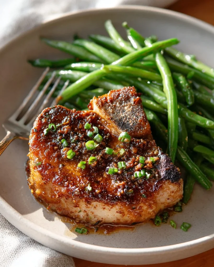 Plate of delicious Honey Garlic Pork Chops garnished with herbs
