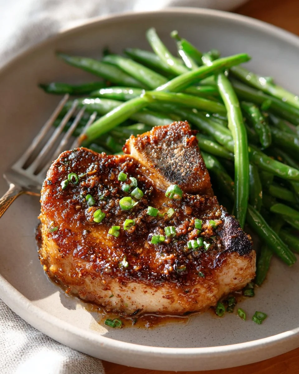 Plate of delicious Honey Garlic Pork Chops garnished with herbs